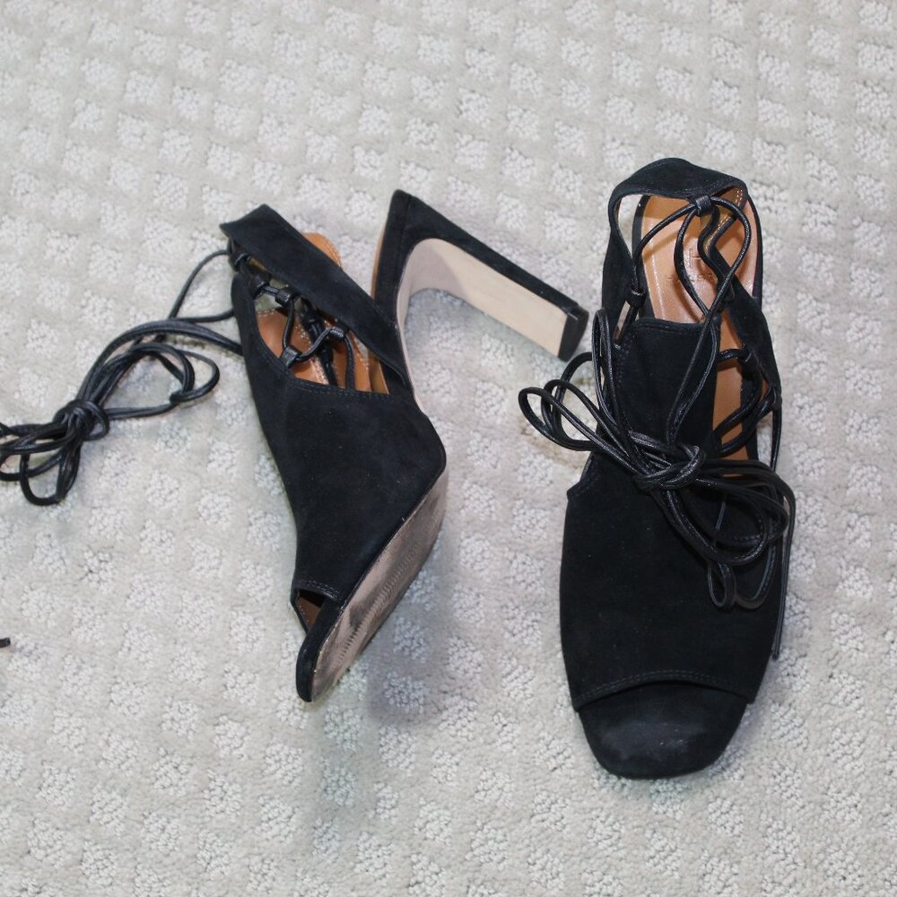 H by Halston Size 7.5 Black Suede Ankle Tie Wrap Thin Block 4" Heels